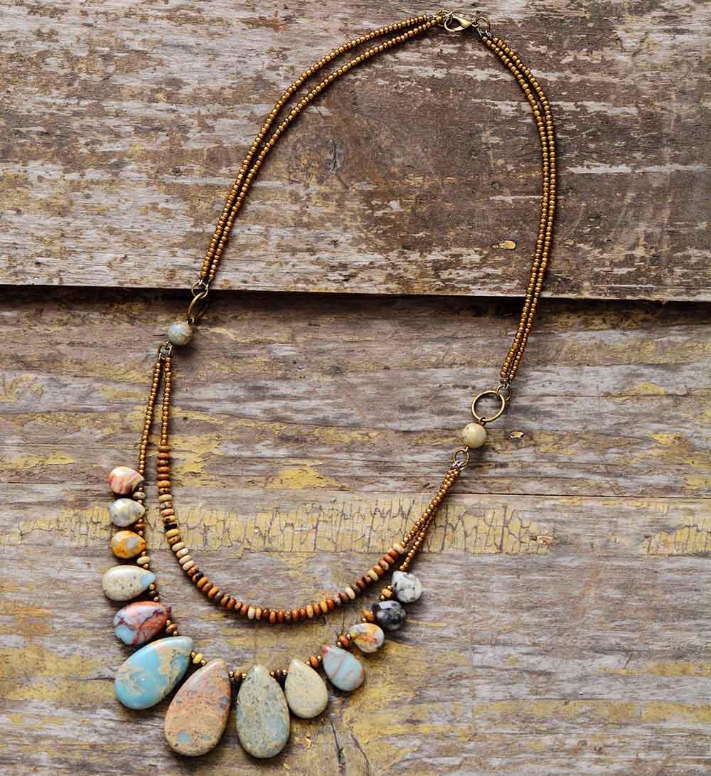 Collier Multicouche en Jaspe et Agate Naturelle