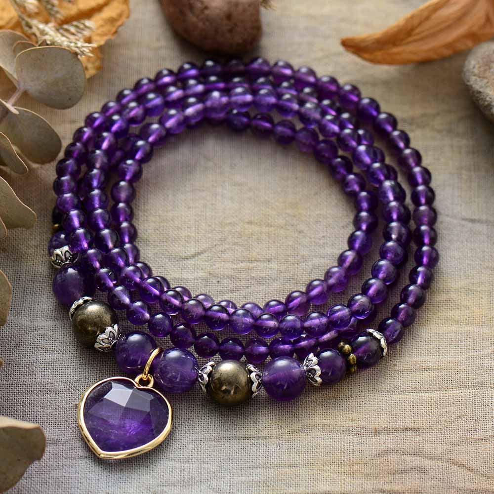 Collier et Bracelet Mala Coeur de Lilas en Améthyste