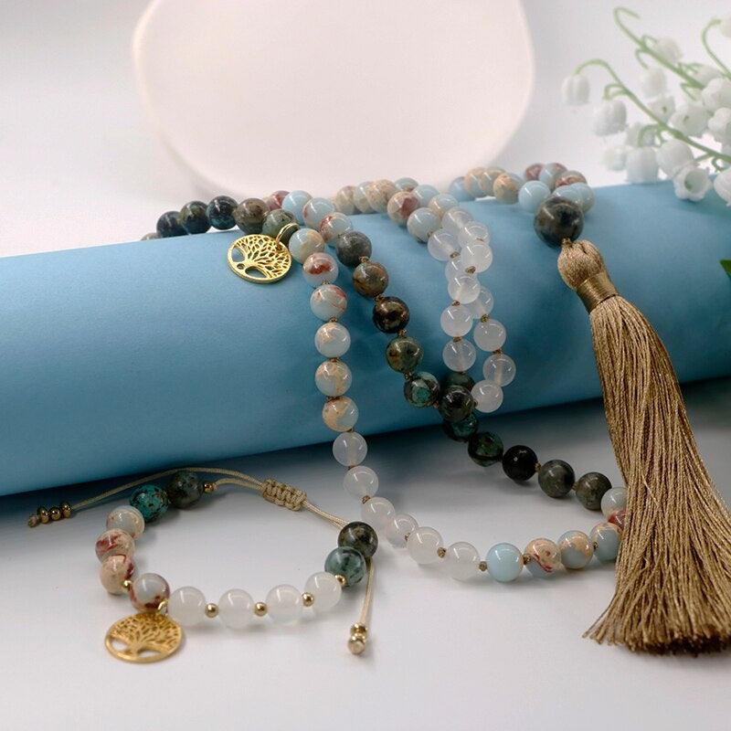 Ensemble Mala Arbre de Vie en Turquoise Africaine et Jade Shoushan et Blanc