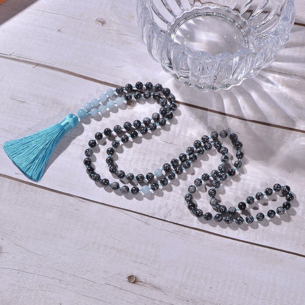 Collier Mala Tempêtes Océaniques en Obsidienne et Aigue-Marine