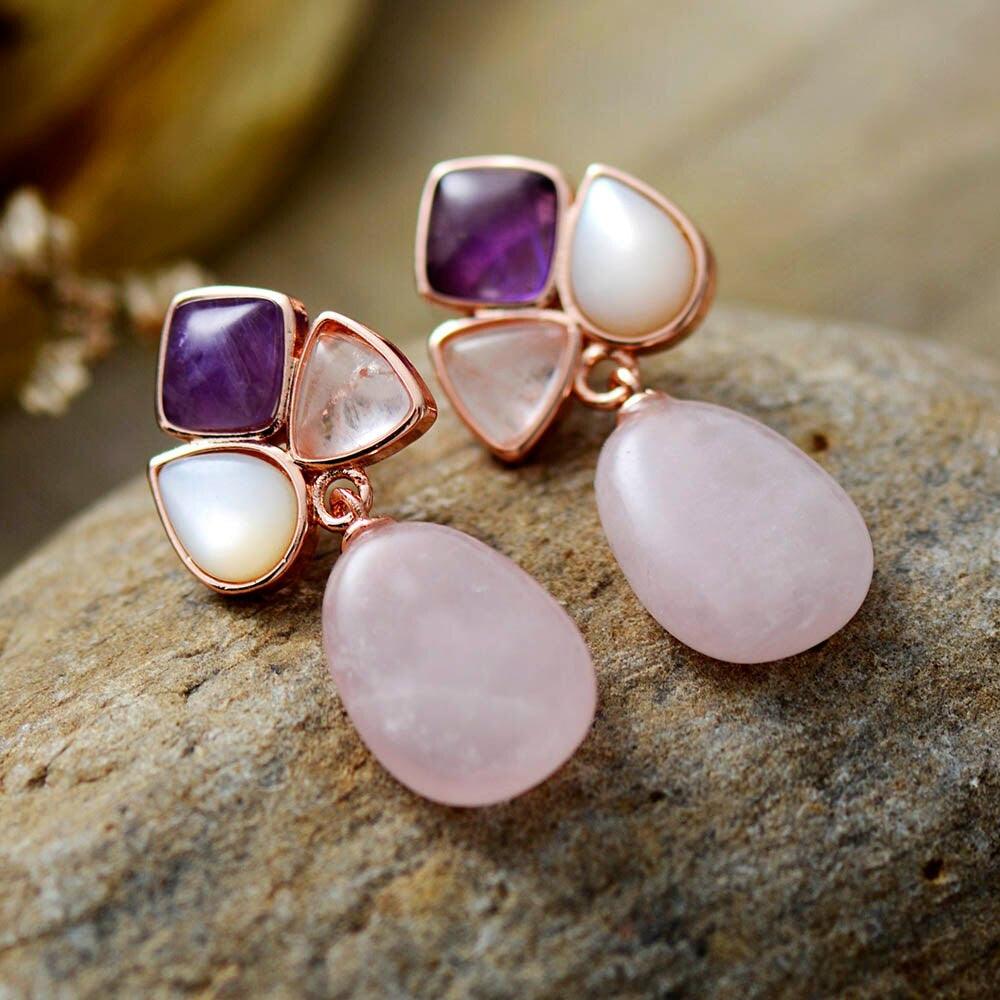 Boucles d'Oreilles en Sodalite et Quartz Rose "Récif de Corail"