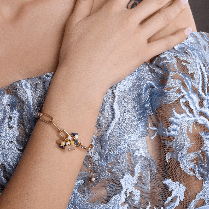 Bracelet Dorée en Labradorite Bleue et Pierre de Soleil "Harmonie Céleste"