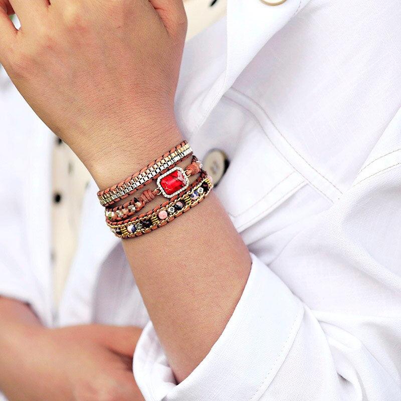 Bracelet Enveloppant en Cuir et Jaspe Impérial