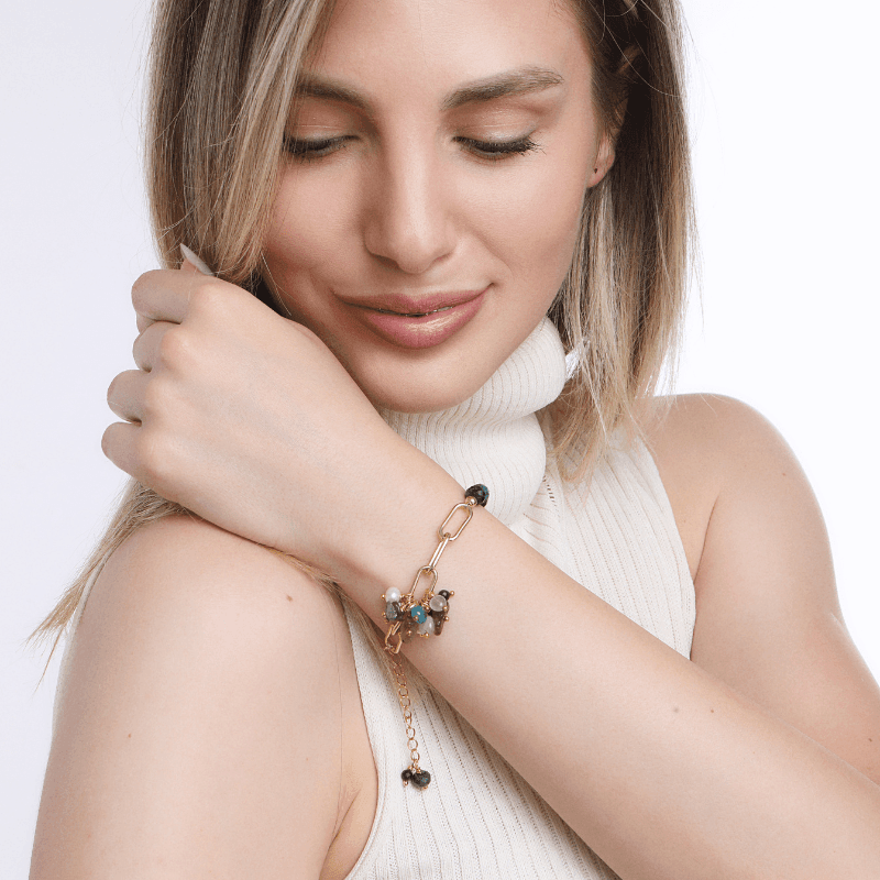 Bracelet en Or, Apatite, Labradorite, Améthyste et Perle "Rêves Sereins"