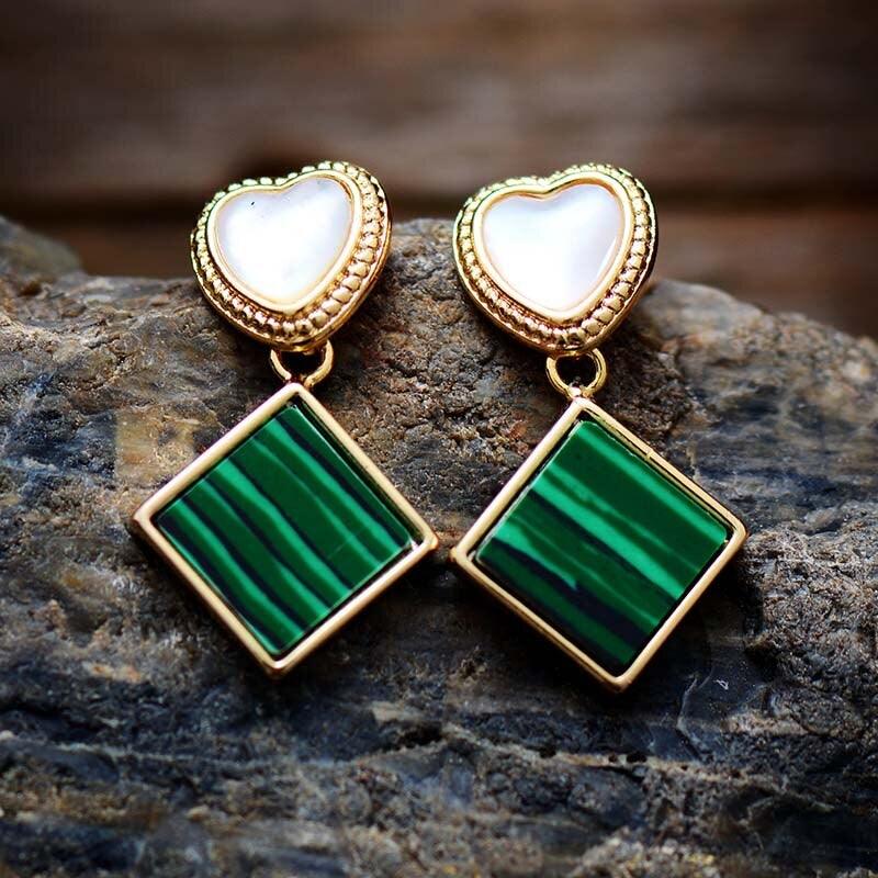Boucles d'Oreilles Coeur de Beauté Sauvage en Malachite