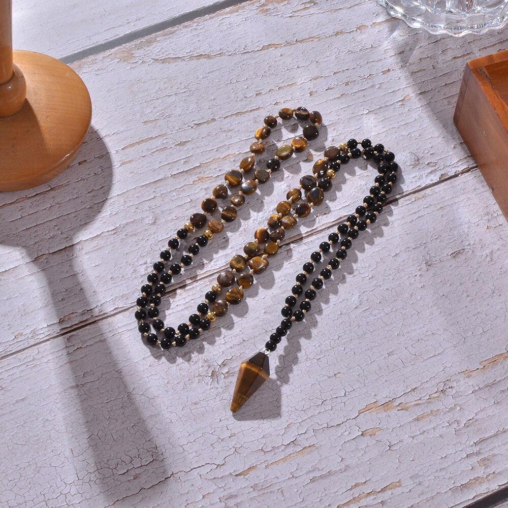 Collier Mala Croissance du Courage en Onyx Noir et Oeil de Tigre