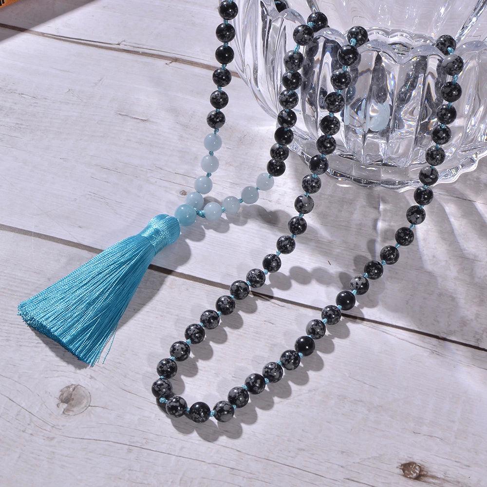 Collier Mala Tempêtes Océaniques en Obsidienne et Aigue-Marine