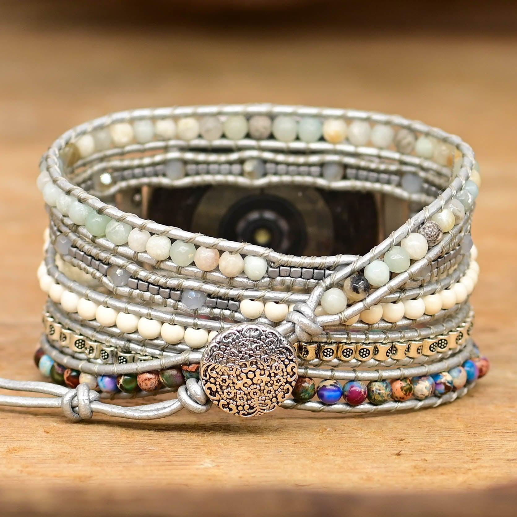 Bracelet de Montre Connectée Reine Argentée en Amazonite & Jaspe