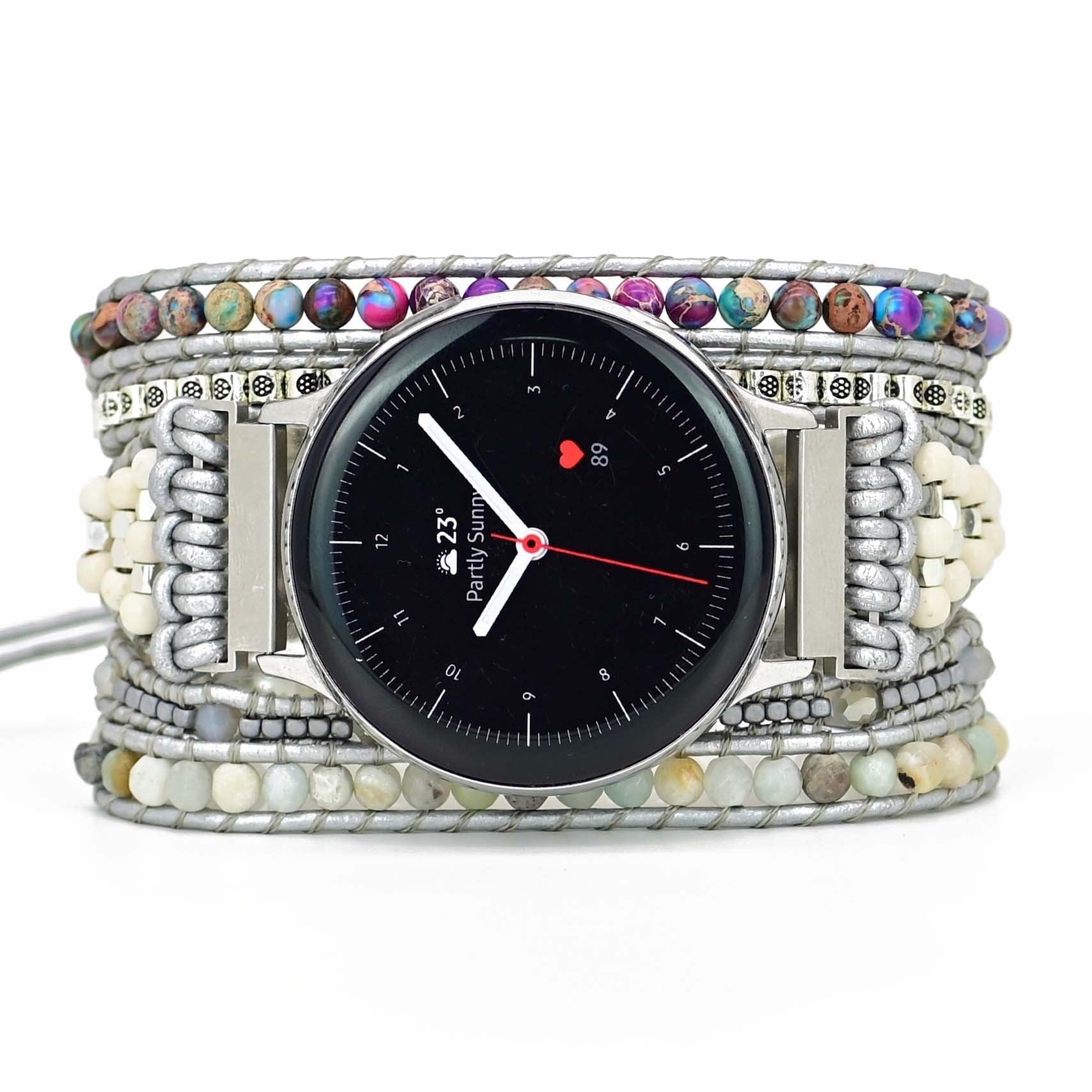 Bracelet de Montre Connectée Reine Argentée en Amazonite & Jaspe