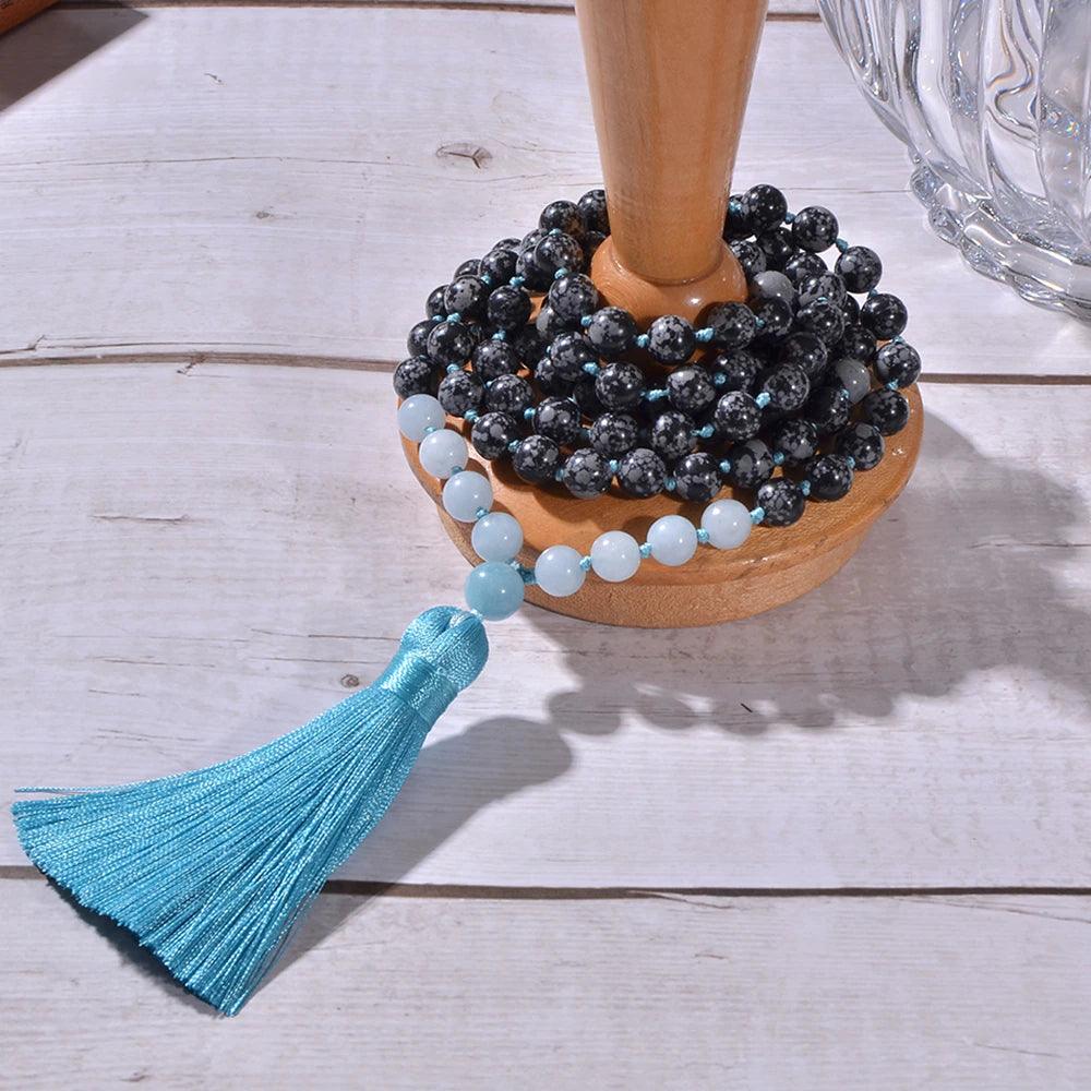 Collier Mala Tempêtes Océaniques en Obsidienne et Aigue-Marine