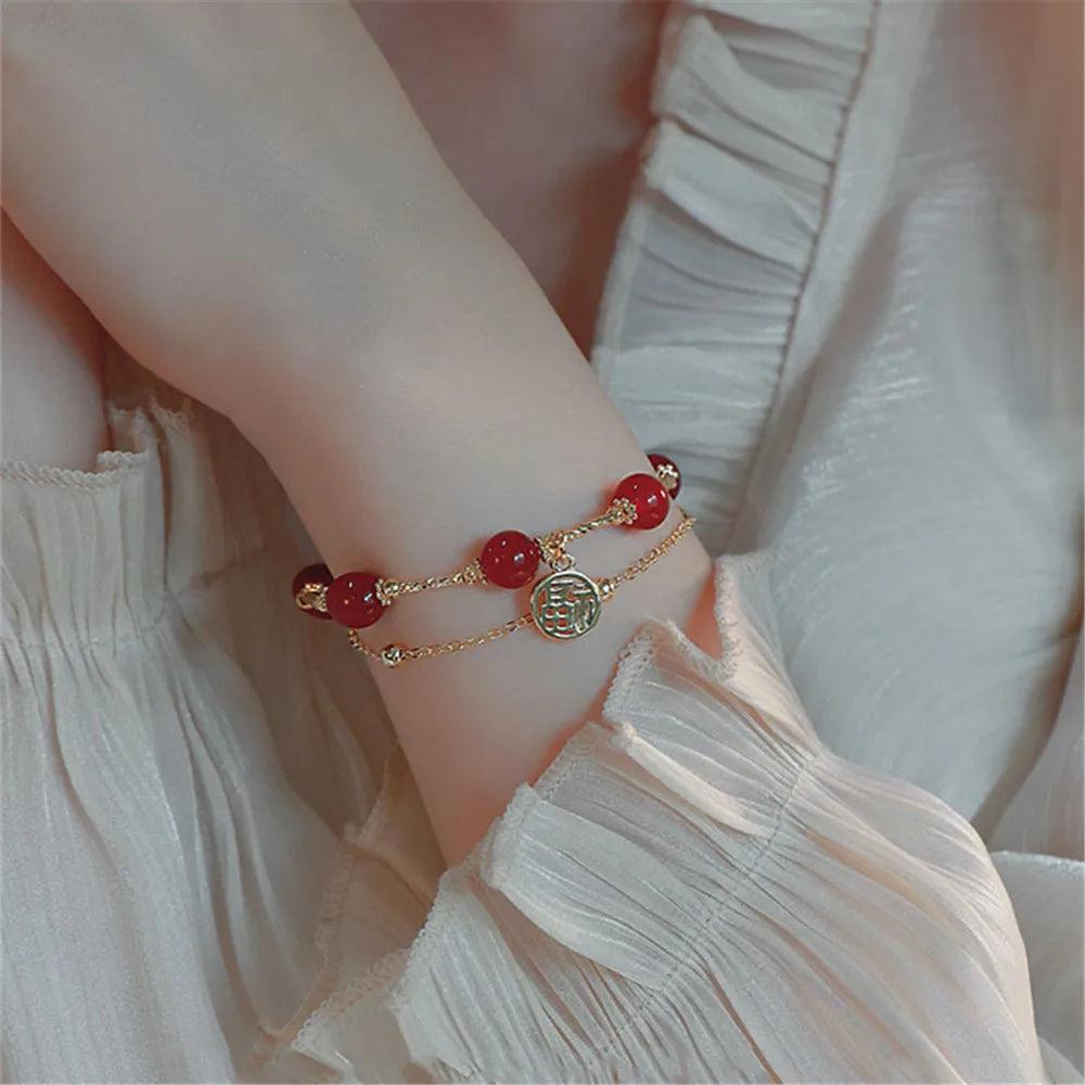 Bracelet Multicouches Cascade Grenat en Agate Rouge