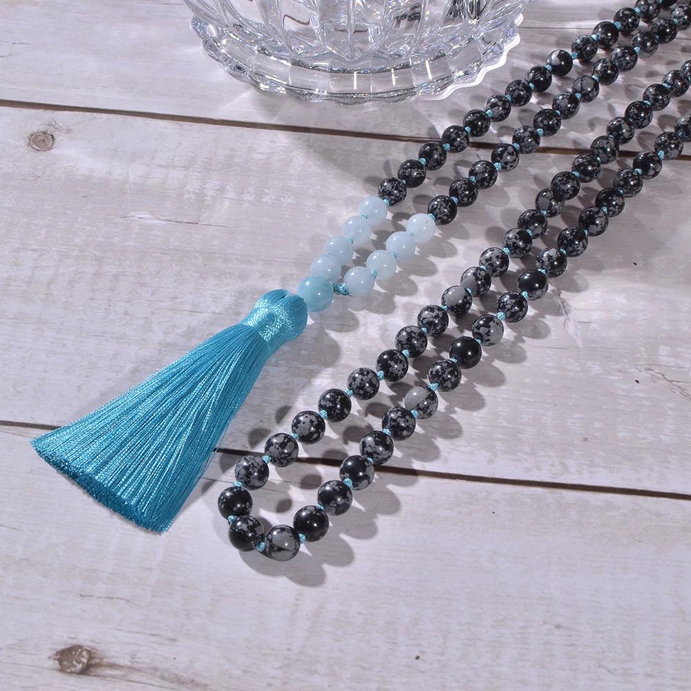 Collier Mala Tempêtes Océaniques en Obsidienne et Aigue-Marine