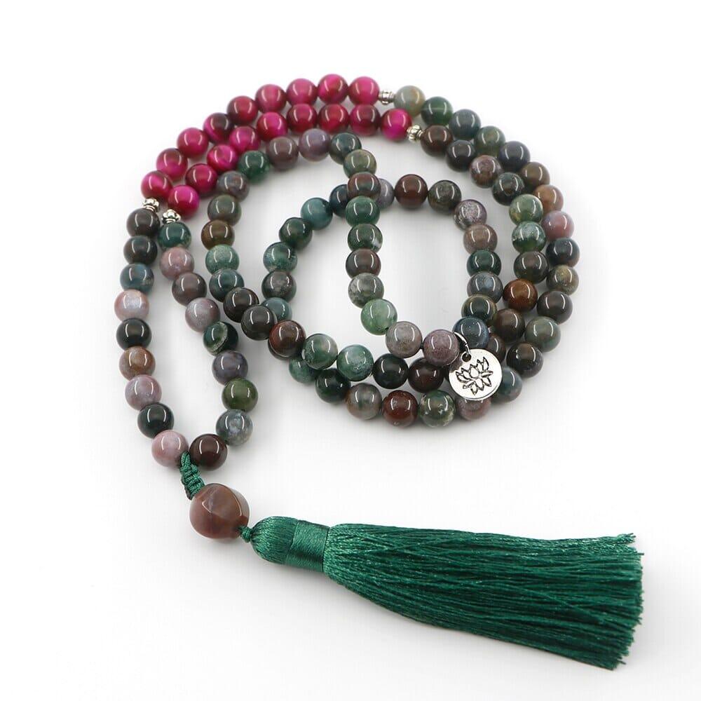 Collier Mala Équilibre Spirituel en Pierre Oeil de Tigre et Agate Indienne