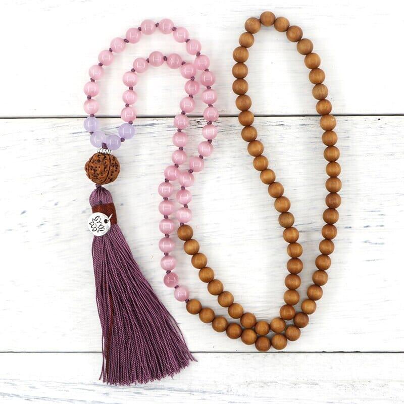 Collier Mala Douceur Sucrée en Opale Rose et Bois de Santal