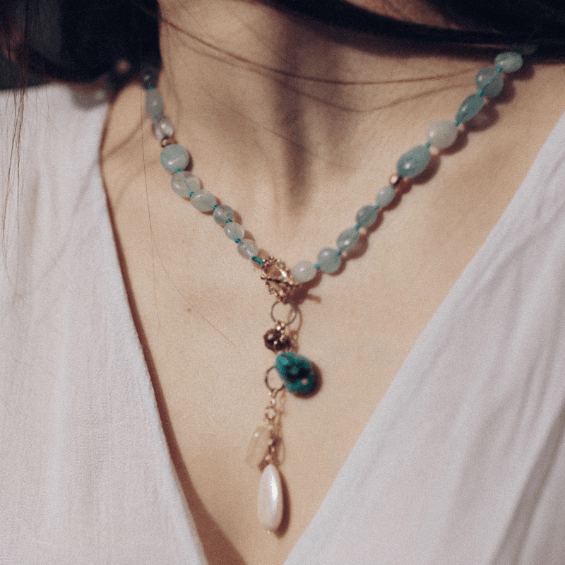 Collier Mala en Aigue-Marine et Turquoise Force Céleste