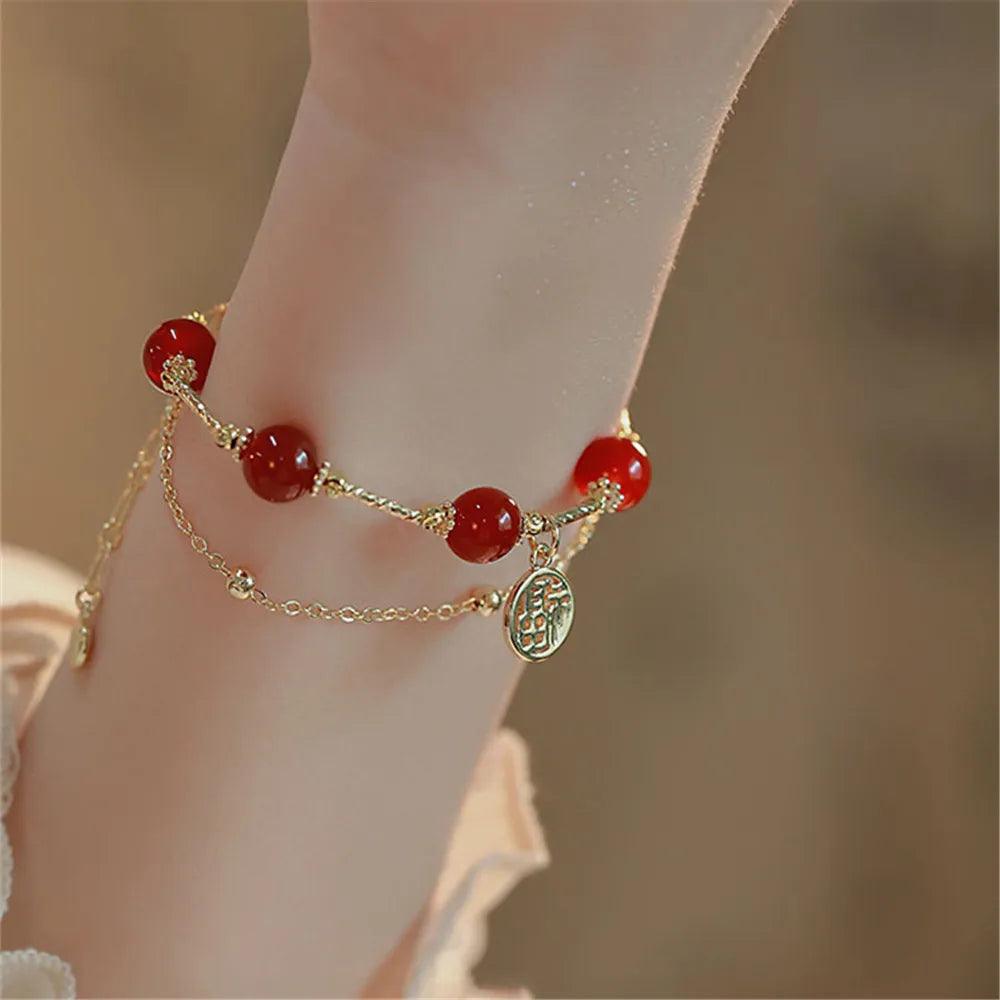 Bracelet Multicouches Cascade Grenat en Agate Rouge