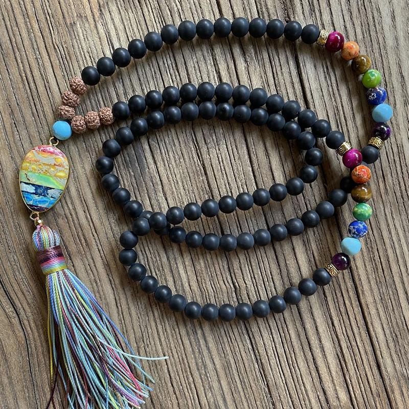 Collier Mala Chakras Noir Mat et Arc-en-Ciel
