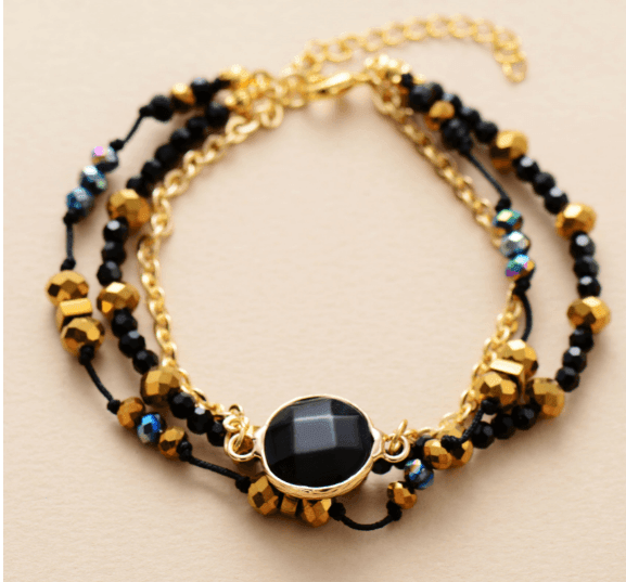 Bracelet en Perles Dorées Halo Positive en Onyx Noir