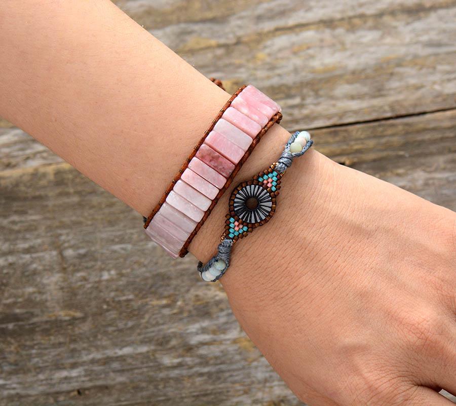 Bracelet Bohéme en Opale Rose et Cuir