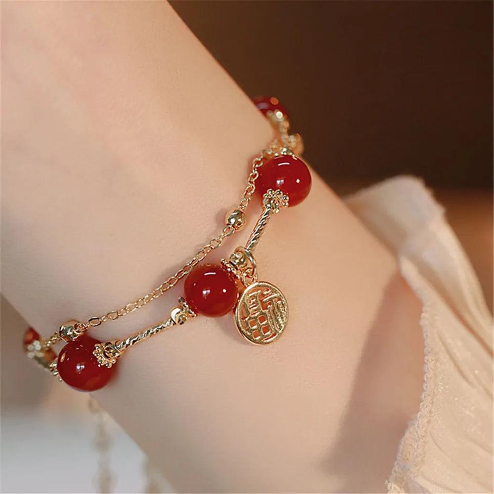 Bracelet Multicouches Cascade Grenat en Agate Rouge