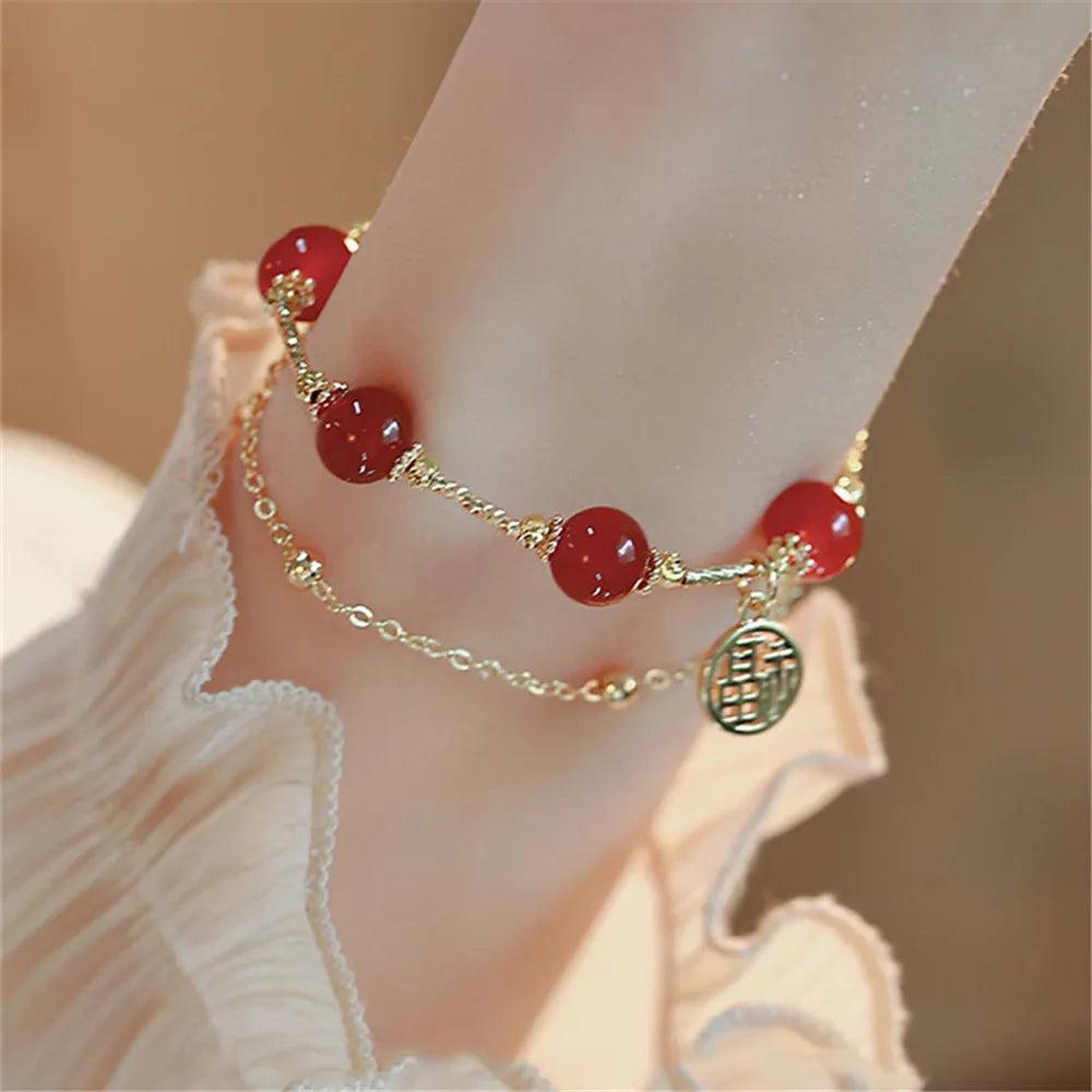 Bracelet Multicouches Cascade Grenat en Agate Rouge
