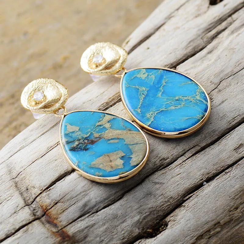 Boucles d'Oreilles Cascade Divine en Jaspe Bleu