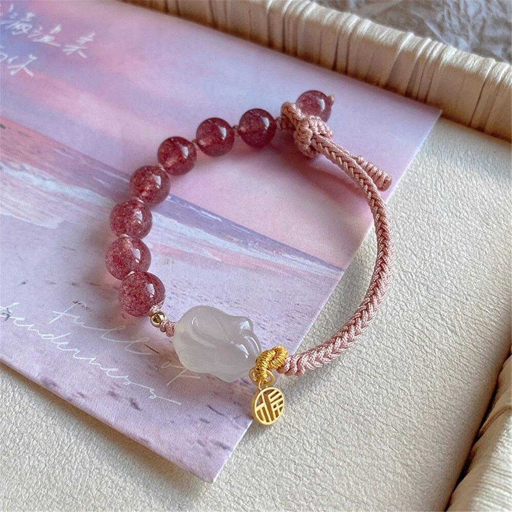 Bracelet Lapin Chance Abondante en Quartz Fraise et Jade Vert