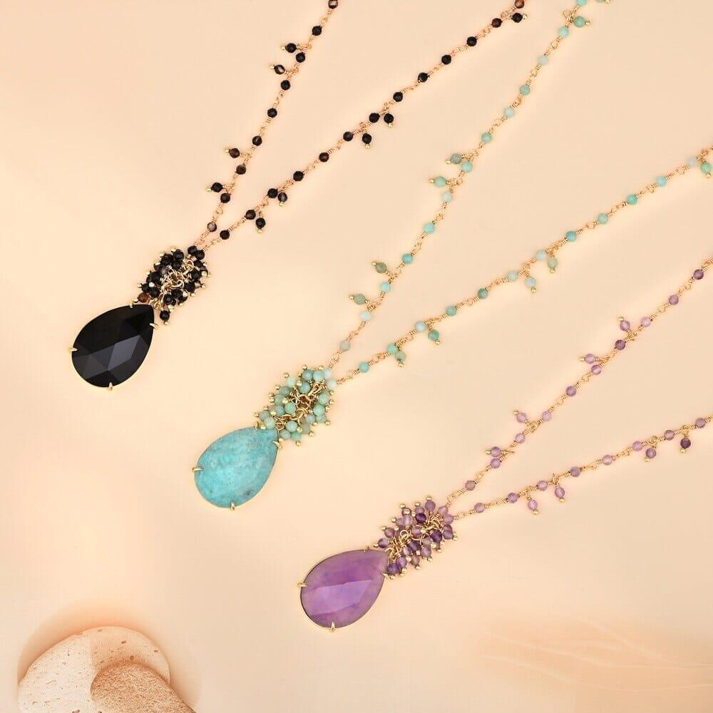 Collier Sacré et son Pendentif Goutte en Amazonite, Améthyste et Agate Noire