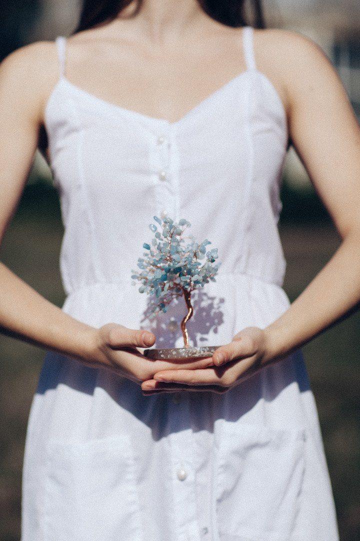 Arbre Feng Shui avec Base en Agate "Paix Intérieure & Sérénité" en Aigue-Marine