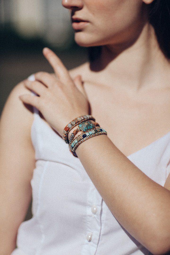 Bracelet en Perles Carrées Turquoise et Jaspe