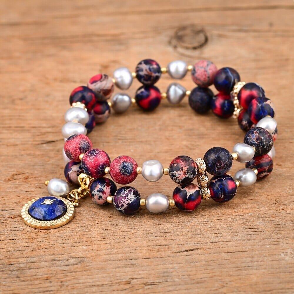 Bracelet Multi-Rangs Solaire en Lapis-Lazuli & Jaspe Rouge