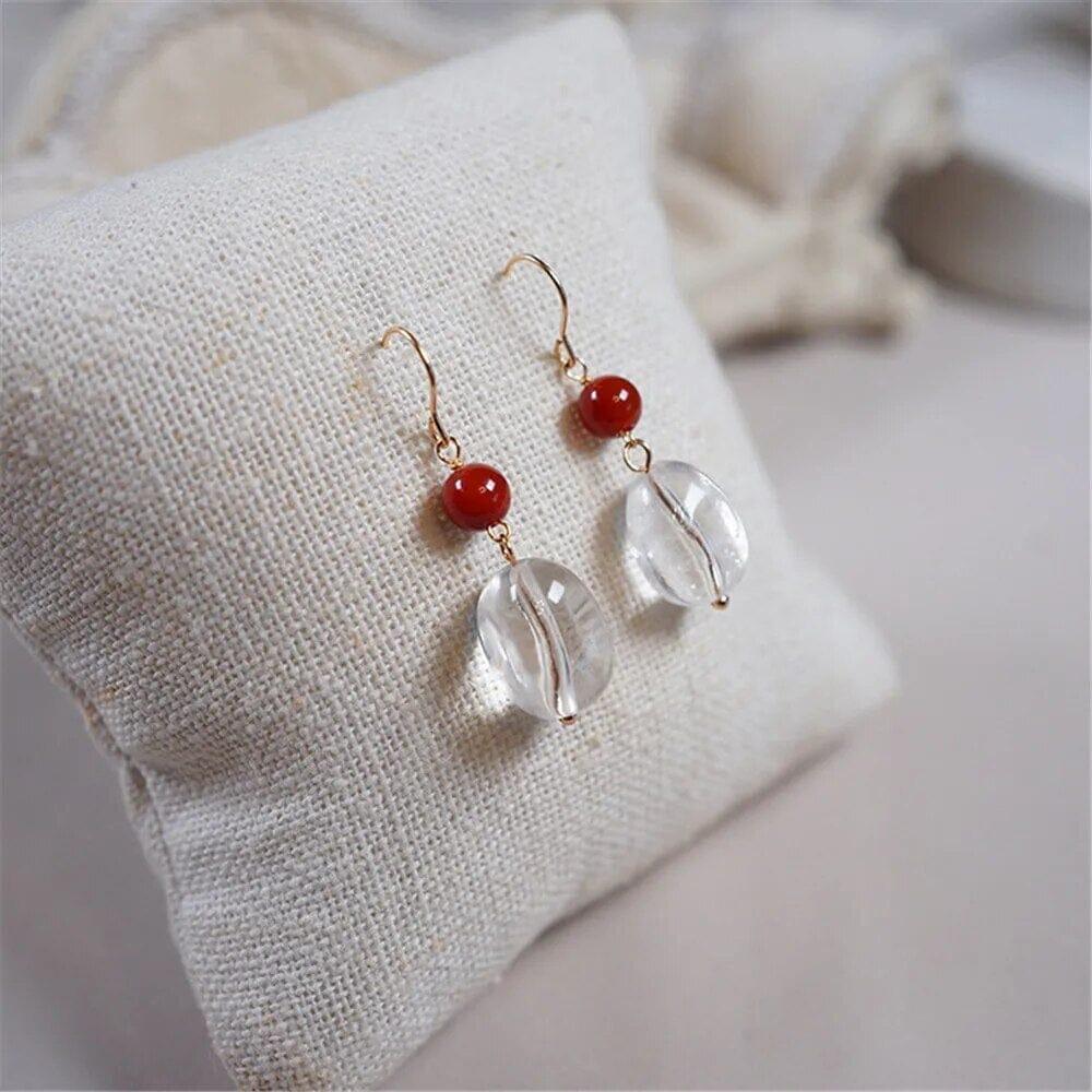 Boucles d'Oreilles Goutte d'Harmonieuse en Agate Rouge & Jade Hetian