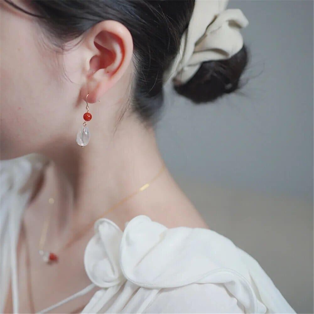 Boucles d'Oreilles Goutte d'Harmonieuse en Agate Rouge & Jade Hetian