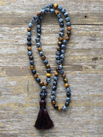 Collier Mala Fondation de la Conscience en Oeil de Tigre et Jaspe