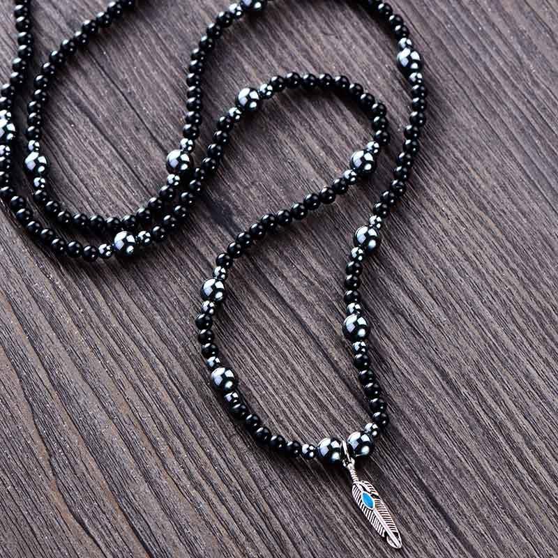 Collier-Chapelet d'Équilibre Mental En Feuille d'Hématite