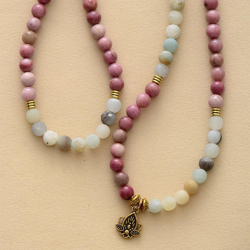 Perles de Mala Lotus "Pure Force" en Amazonite et Rhodonite
