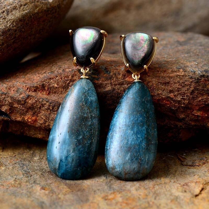 Boucles d'Oreilles Pendantes Bleu Pétrole en Apatite