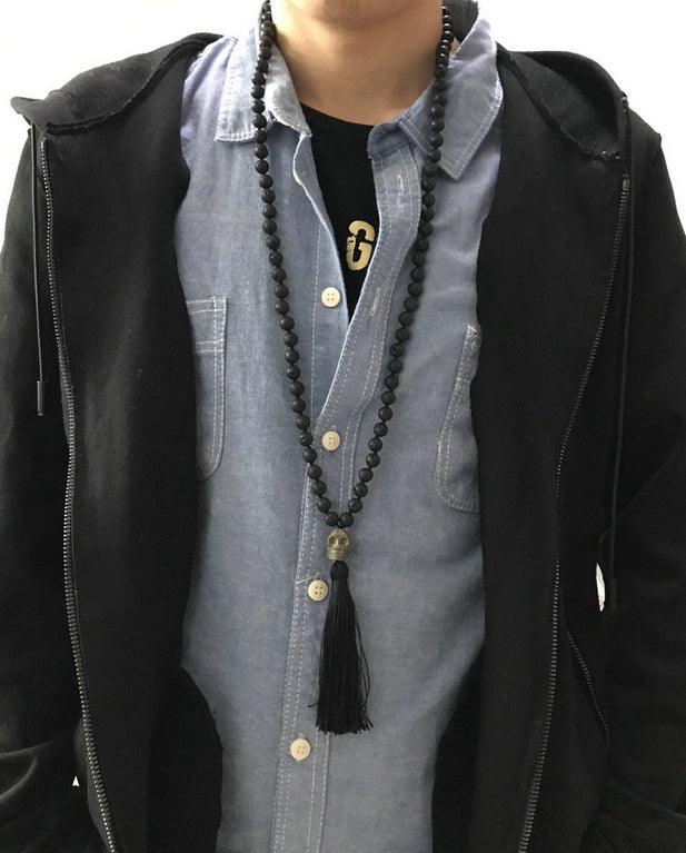 Collier Mala Destin Enflammé en Pyrite et Pierre de Lave