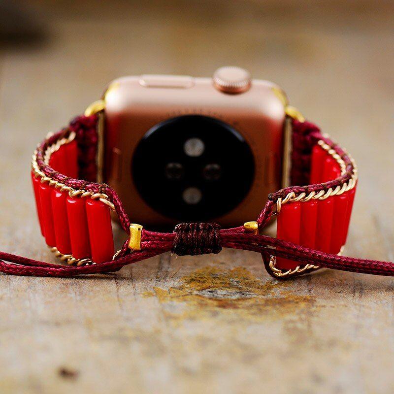 Élégant Bracelet pour Montre Apple Argenté Café & Rouge