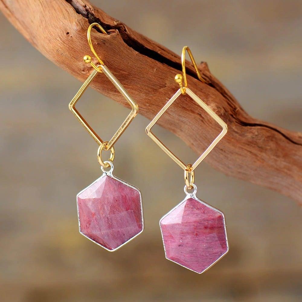 Boucles D'Oreilles Hexagonales Sentiment Amoureux en Rhodonite