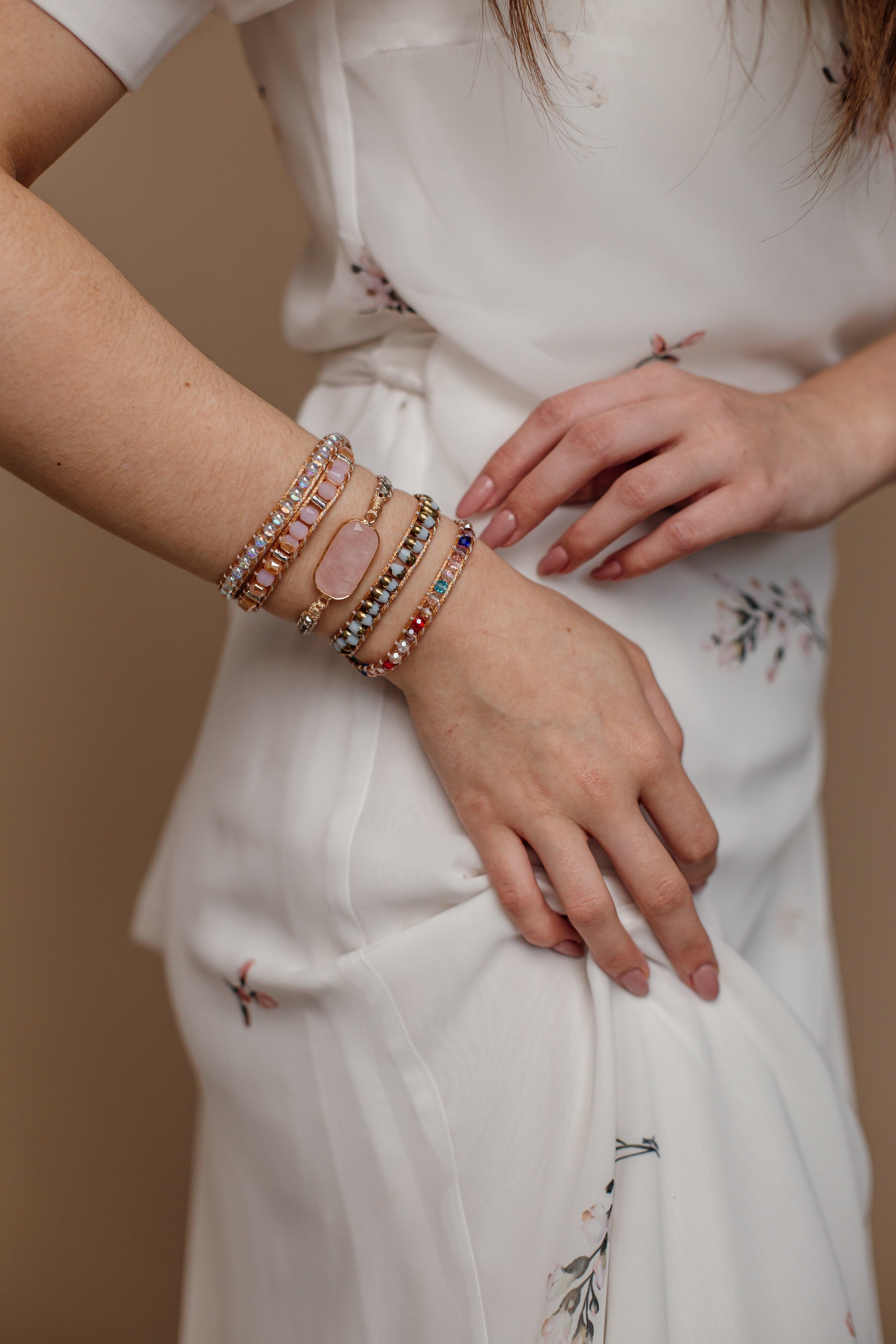 Bracelet Multicouche Amour Rayonnant en Quartz Rose