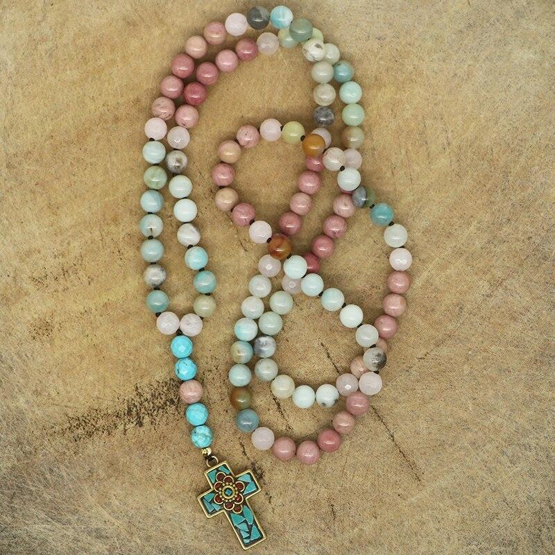 Collier Croix d'Espoir et de Foi en Rhodonite, Amazonite et Quartz