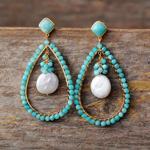 Boucles d'Oreilles en Perles d'Amazonite, Quartz et Améthyste