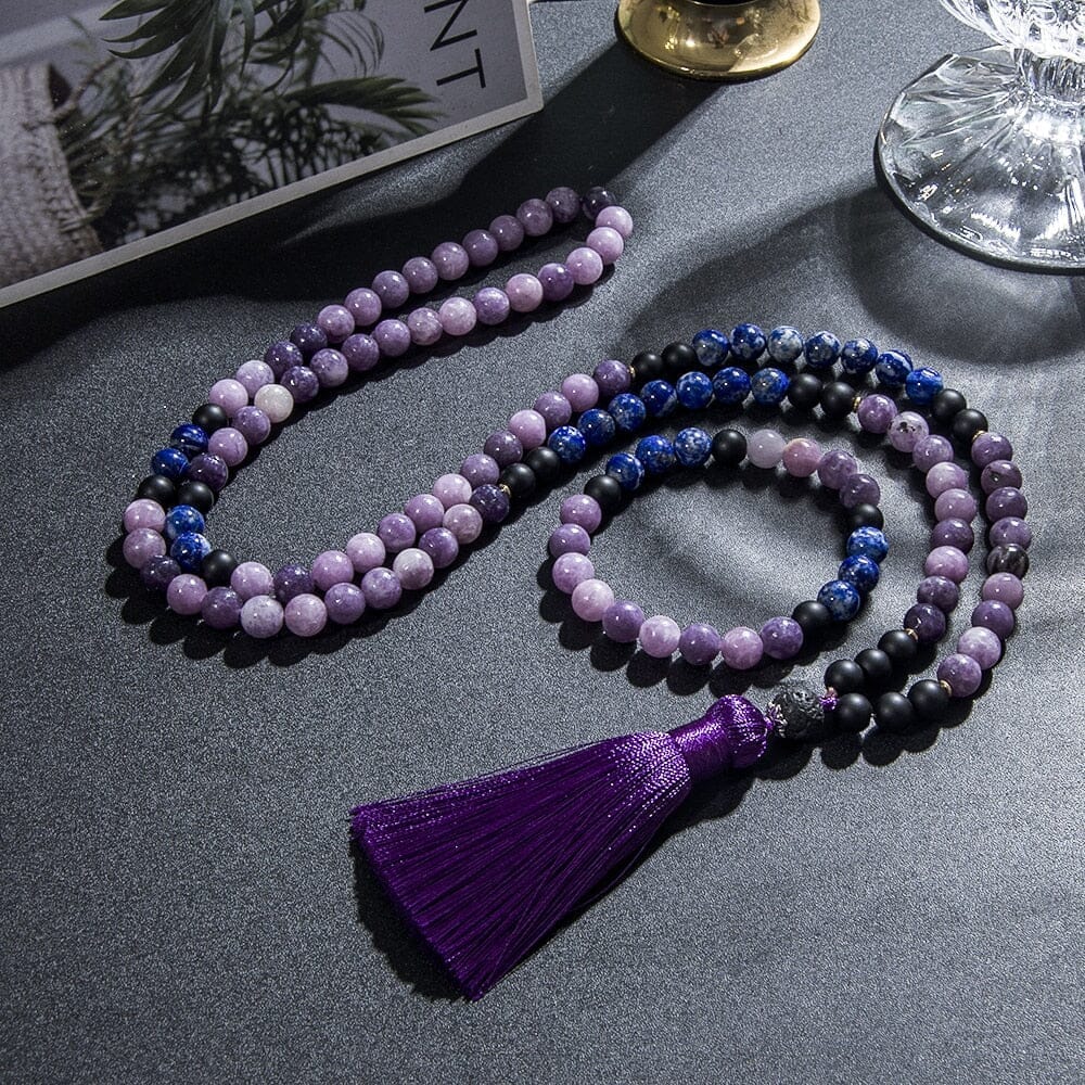 Perles de Mala pour Équilibre Chakrique en Onyx Noir, Lapis-Lazuli et Lépidolite