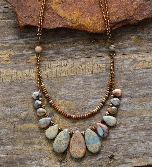 Collier Multicouche en Jaspe et Agate Naturelle