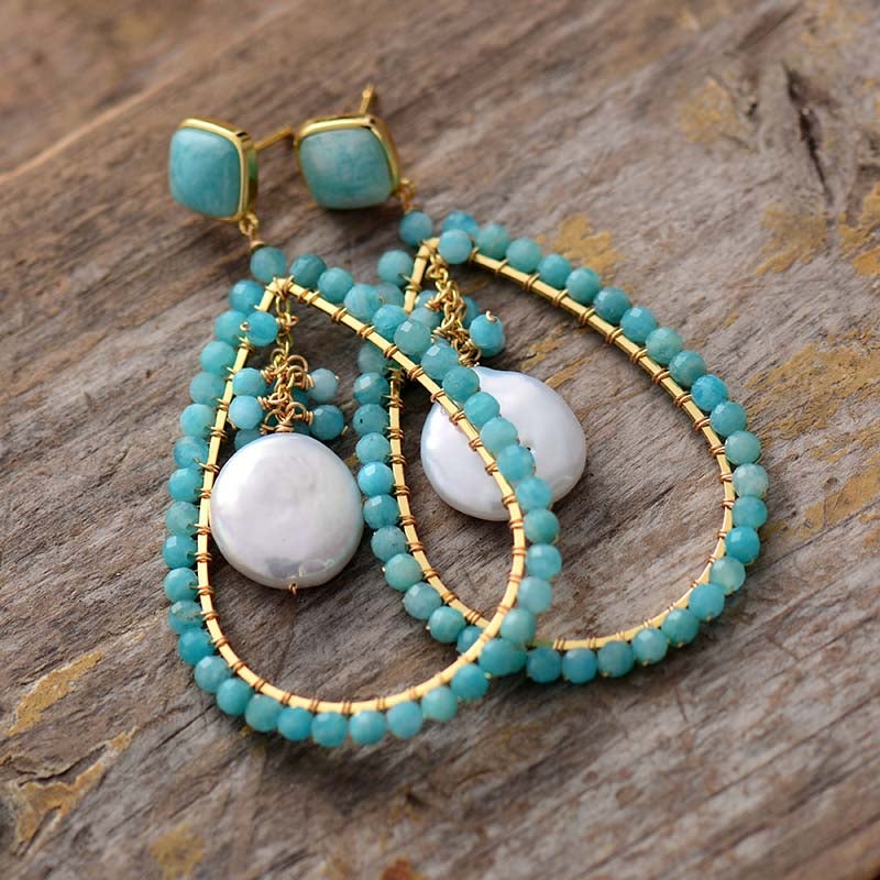 Boucles d'Oreilles en Perles d'Amazonite, Quartz et Améthyste