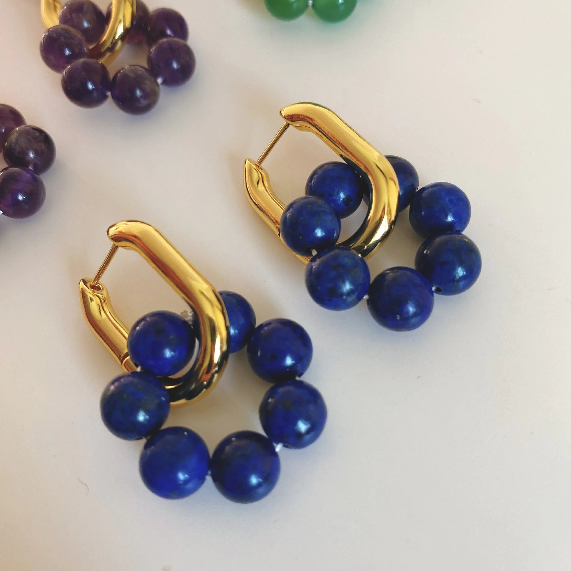 Boucles d'Oreilles en Calcédoine, Perles, Améthyste et Lapis-Lazuli