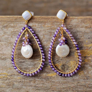 Boucles d'Oreilles en Perles d'Amazonite, Quartz et Améthyste