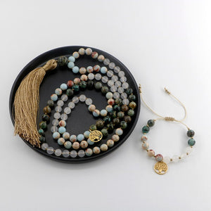 Ensemble Mala Arbre de Vie en Turquoise Africaine et Jade Shoushan et Blanc