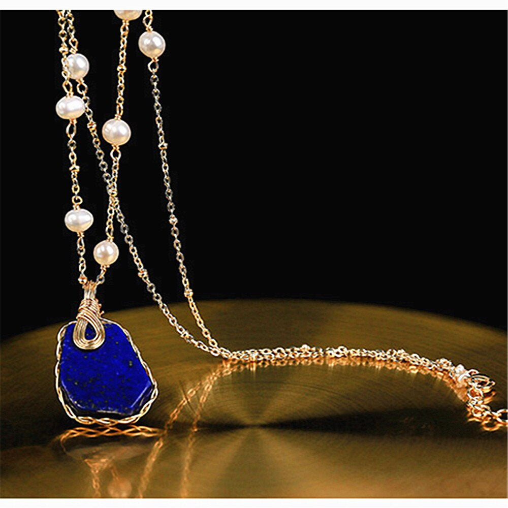 Pendentif Profondeurs Océaniques en Perles d'Eau Douce et Lapis-Lazuli